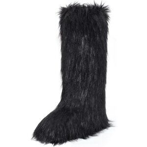 Women's Black Knee-High Faux Fur Boots Warm, Fluffy, Stylish Winter Snow Boots